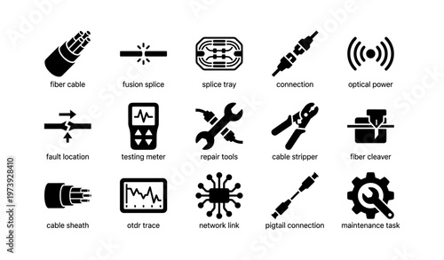Fiber optic cable icons: tools and connections for maintenance and repair