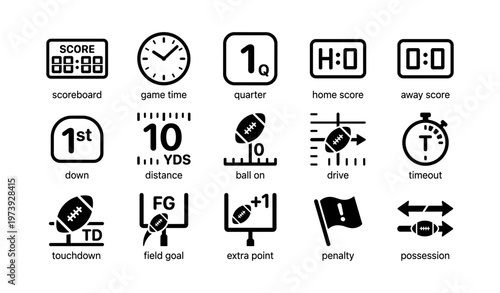 American football icons set: scoreboard, game time, touchdown, penalty, timeout, possession