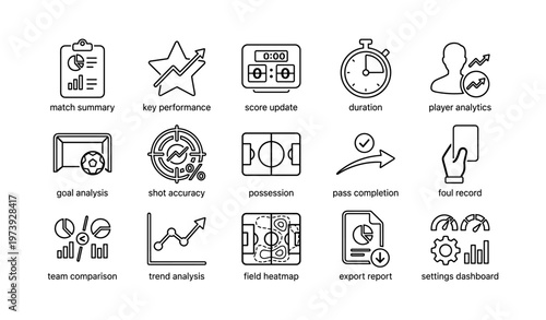 Soccer analytics icons: performance metrics and game analysis symbols