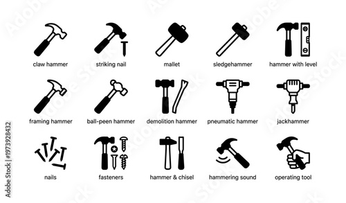 Various hammer types with icons: claw, sledge, mallet, and more