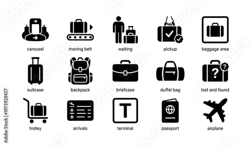 Airport icons: carousel, baggage, terminal, passport, airplane symbols