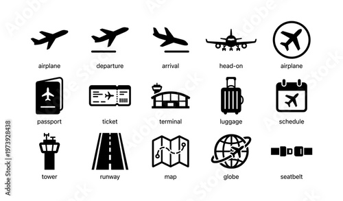 Icons of air travel: airplanes, passport, luggage, and travel essentials