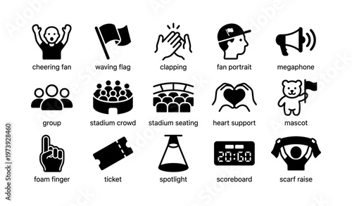 Sports fan icons: cheering, flags, clapping, megaphones, mascots
