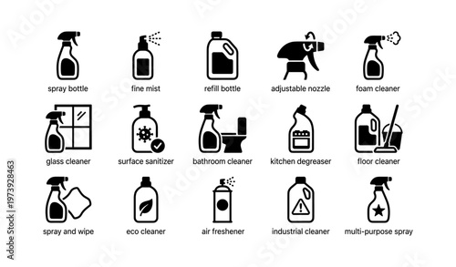 Set of cleaning product icons including spray bottles and cleaners for various surfaces