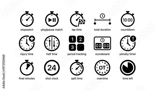Collection of stopwatch and timer icons for various sports and timing events
