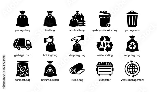 Icons of garbage bags, bins, and waste management symbols