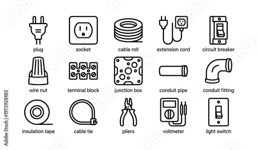 Electrical components icons: plug, socket, cable, circuit breaker, tools