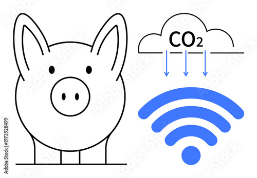 Environmental sustainability, modern farming, smart technology, CO2 emissions monitoring, wireless communication, technology integration. Pig with a wireless signal and CO2 cloud. Environmental