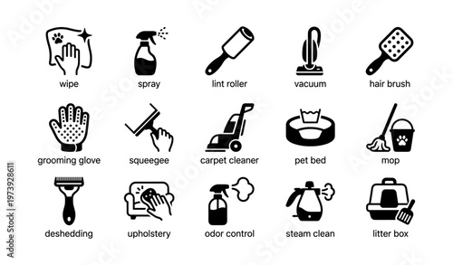 Pet cleaning tools icons: vacuum, litter box, grooming glove, carpet cleaner, odor control