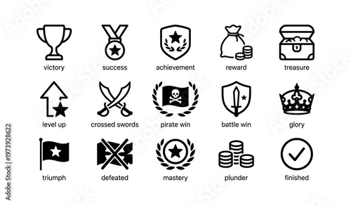 Collection of 16 gaming icons: victory, achievement, pirate, battle, reward symbols