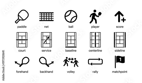 Tennis symbols and icons: paddle, net, ball, player, court, score, forehand, backhand, volley, rally
