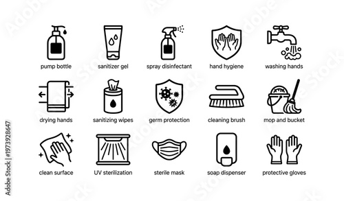 Hygiene safety icons: soap, sanitizer, disinfectant, hand hygiene, uv sterilization