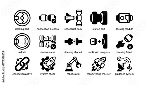 Icons of docking ports and spacecraft systems for technology and aerospace