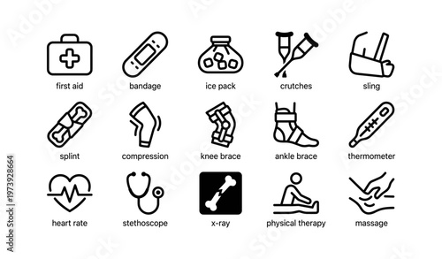 Medical equipment icons set featuring first aid, crutches, and thermometer
