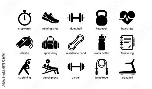 Fitness equipment icons set including stopwatch, running shoes, dumbbell, and kettlebell