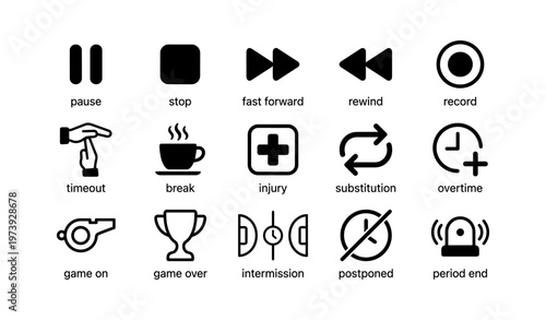 Sports and media icon set featuring pause, rewind, fast forward, record, trophy, whistle, substitution, overtime