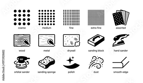 Sanding tools and materials icons set