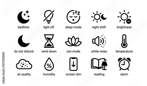 Variety of minimalist sleep and relaxation icons on white background