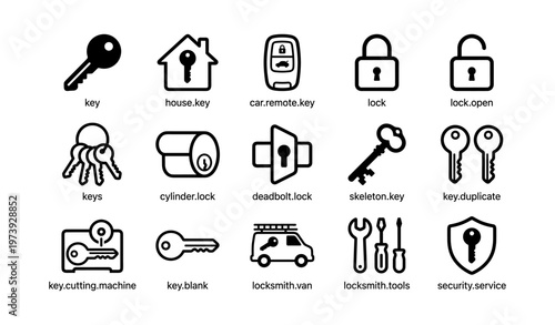 Icons of keys, locks, and security tools including car remote and skeleton key