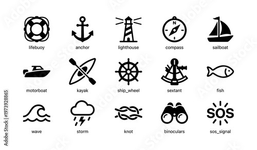 Nautical icons: lifebuoy lighthouse compass ship wheel binoculars