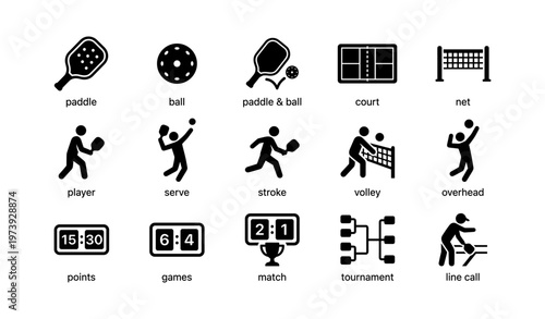 Pickleball equipment and gameplay icons set