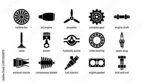 Set of industrial engine parts icons in black silhouettes