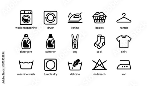 Laundry icon set with washing machine, ironing, detergent, sock and hanger symbols