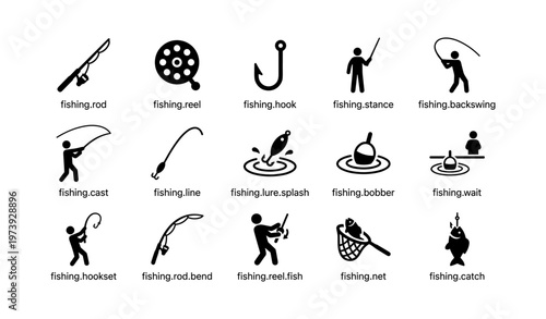 Fishing icons: rod, reel, hook, and more