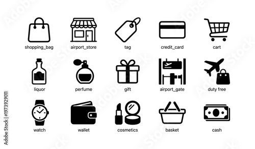 Set of shopping and airport icons: bag, cart, gift, cash, perfume, and more