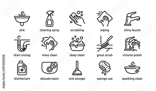 Cleaning tools and techniques icons for household hygiene