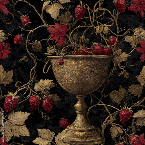 Golden ornate goblet filled with red strawberries
