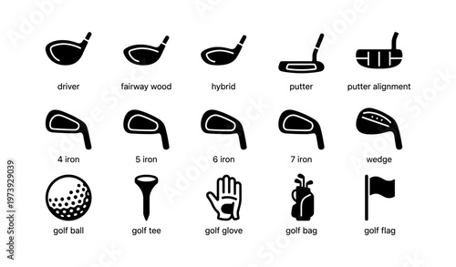 Golf equipment icons: clubs, balls, and accessories for every player