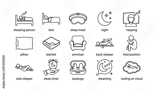 Sleep icons: pillow, blanket, armchair, sleep mask, bed, moon, cloud, dreaming