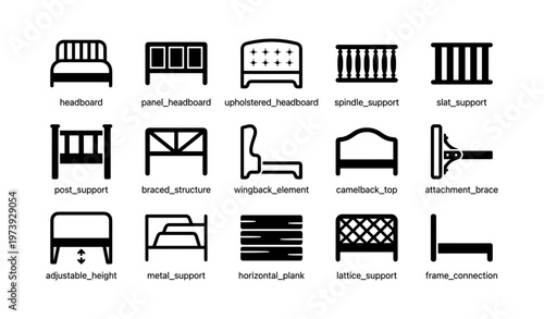 Variety of bed frame parts and designs in simple black icons