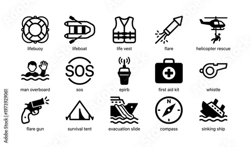Icons of maritime safety equipment and emergency procedures