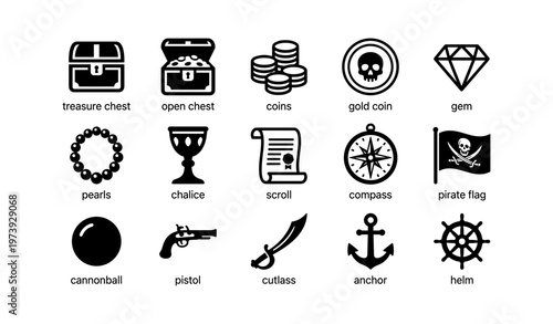 Set of 15 pirate-themed icons including treasure chests and pirate flag