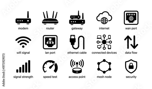 Network icons: modem, router, internet, security, connectivity