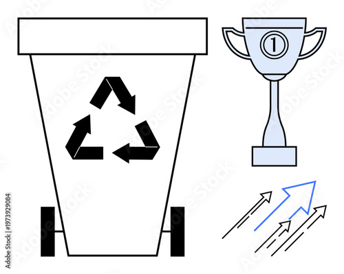 Recycling concept. Recycling ed by a trash bin, recycle symbol, and trophy highlighting sustainable success. Recycling promotes environmental care and progress. For waste management, ecology