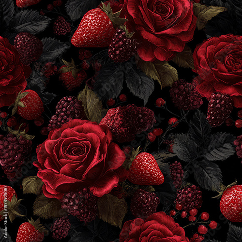 Vibrant red roses bloom against a deep black backdrop