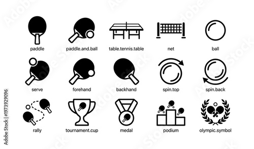 Table tennis icons collection with paddles, net, and trophy