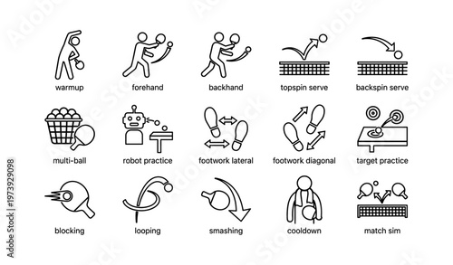 Table tennis techniques and drills illustrated in icon set