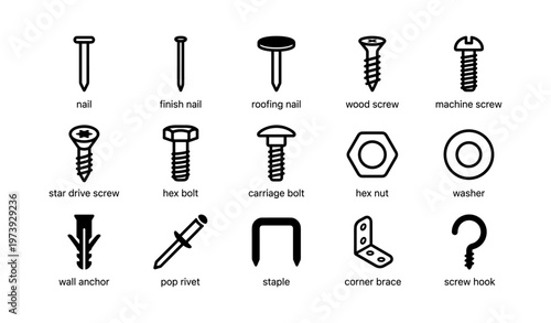 Common fasteners and hardware: nails, screws, bolts, washers, and more