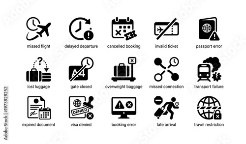 Travel issues icons set: missed flights, delayed departures, lost luggage, expired documents