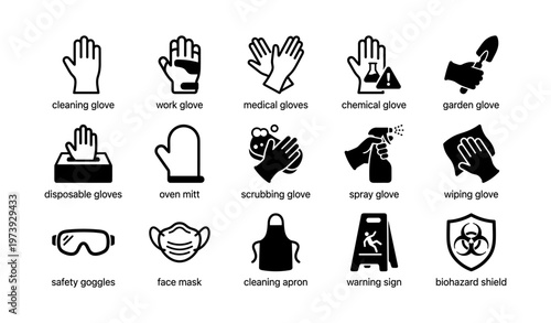 Safety equipment icons: gloves, masks, goggles, aprons, shields
