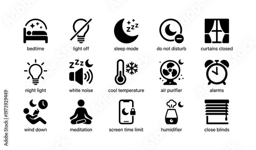 Set of black icon symbols for sleep and relaxation activities