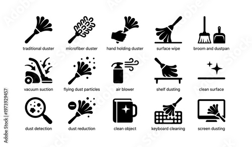 Cleaning tools and methods icons: duster, broom, vacuum, air blower, keyboard cleaning