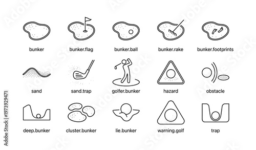 Golf course symbols and icons featuring bunkers, hazards, and golfers