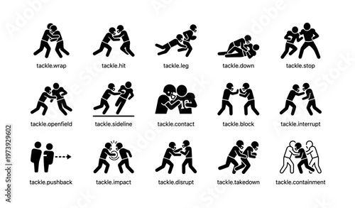 Black tackle icons depicting various defensive techniques in sports