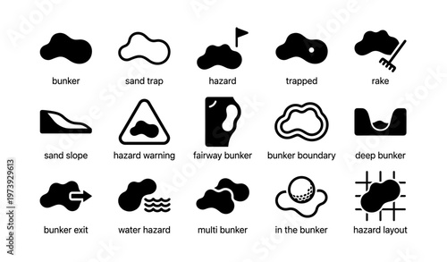 Golf course hazard icons collection: bunkers, sand traps, water hazards, rakes, and boundaries