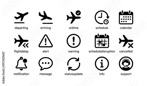 Airline travel icons: arrivals, departures, alerts, schedules, support